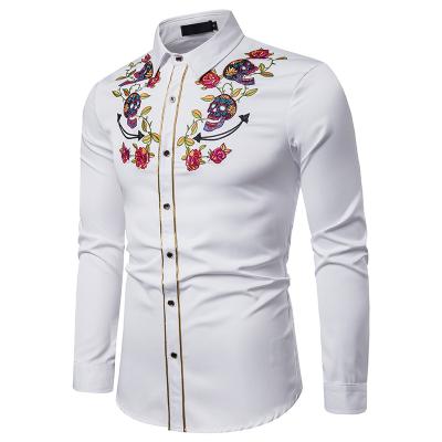 China Anti-pilling Men's Fashion Embroidered Western American Rose Skull Embroidered Long Sleeve Shirt Shirt Style Shirt for sale