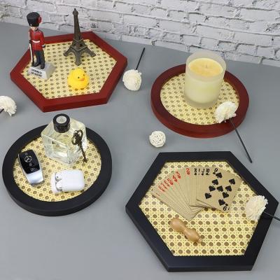 China Home Decorative Wooden Serving Tray Nordic Home Decor Handmade Rattan Style Jewelry Storage Candle Perfume Organizer Wooden Serving Tray for sale