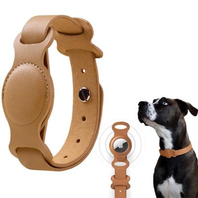 China Multi Pet Collar Case Protector Lights Aim PU Airtag Adjustable Leather Dog Collar for sale