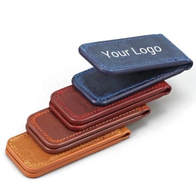 China Newcomer Cash Grip Customized Crazy Horse Money Leather Cash Clip Vintage Strong Magnetic Leather Clip for sale