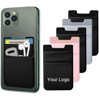 China Ultra Thin Dual Pocket Compatible All Smartphone Back Stretch Fabric Sticker Card Holder Adhesive Pocket Phone Wallet for sale