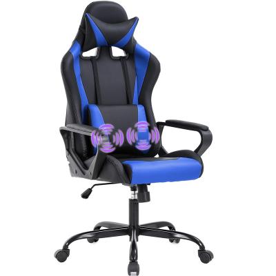 China Home Office Adjustable (Height) Massage Black And Blue Leather Gaming Chair Racing Computer Chair Office Chair Pillow Height Support for sale