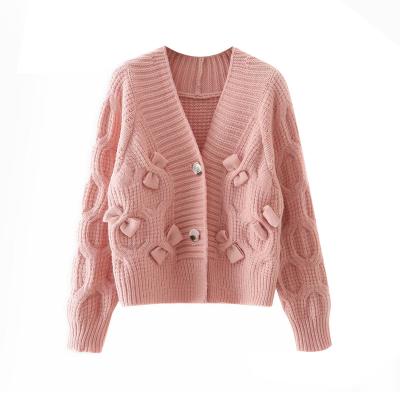 China Breathable Loose Knit Cardigan Women's Bow Short Sweater Coat Winter Casual Lazy Clothes For Women Girl Soft Cardigan for sale