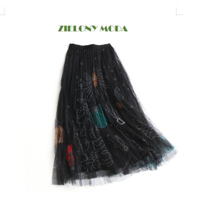 China Breathable tall tall show pendulum slightly word printed mesh gauze skirt pleated long dress skirts bust in veil for sale