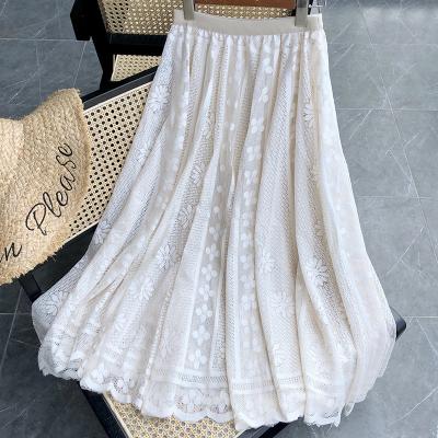 China Fashion Sense Solid Color Large Swing Skirt Cavity A Line Flower Elegant Long High Waist Skirt Lace French Skirt Breathable for sale