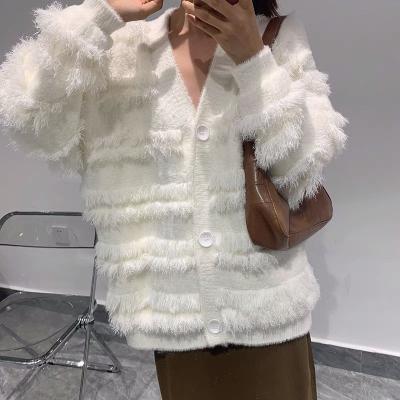 China ANIA Thickened Long Breathable Tassel Faux Mink Knitted Cardigan Women's Loose Vintage Japanese Luxury Sweater Coat for sale