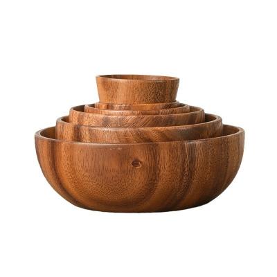 China Sustainable Japanese-style flat-bottomed Acacia wooden bowl hotel restaurant kitchen tableware salad bowl whole wooden soup bowl for sale