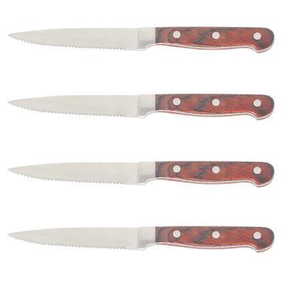 China Sustainable good quality 4pcs set forged steak knife with wooden bolster pakka handle knife set for sale