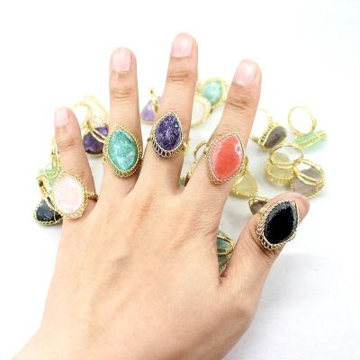 China TangYi TRENDY Natural Stone Rings Irregular Resizable Amethyst Crystal Agate Fluorite Rings Men Women Energy Charm Healing Wire Wrap for sale