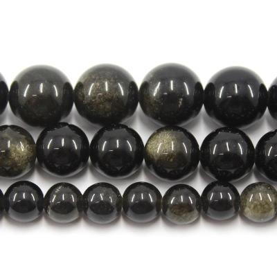 China Jewelry Necklace Bracelet Earring TangYi Natural Gold Polish Smooth Obsidian 6 8 10MM Round Loose Strand Stone Beads For Jewelry Making Bracelets Necklace Earring for sale