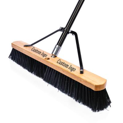 China Outdoor Factory 18 Inch 24 Inch Industry Heavy Duty Outdoor Plastic Wood Handle Floor Brush Wide Push Brooms for sale