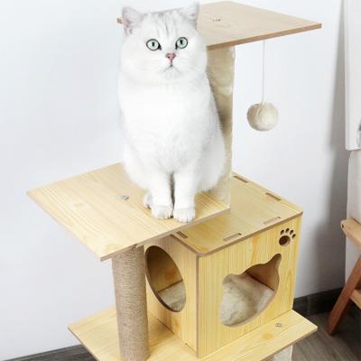 China Medium Size High Quality Cat Trees Cat Condo Wooden Cat Tree House Short Plush Viable Fashion for sale