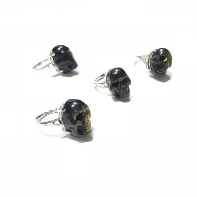 China China Wholesale Natural Obsidian Crystal Carved Skulls Rings For Men Hot Selling Products for sale