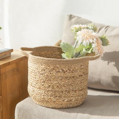 China New Viable Jute Woven Storage Basket With Handles Decorative Floor Wicker Basket Boho Basket For Toy Shoe Firewood Farmhouse Covering for sale