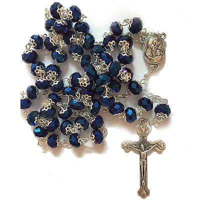 China Royal Blue Bead Cross Necklace Crystal Prayer Beads Christianity Maria Fashion Jewelry Glass Rosary Religious Popular Gift for sale