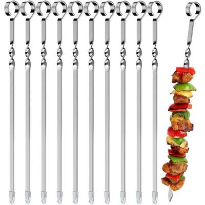 China Easily Cleaned Metal Kebab Skewers Flat Stainless Steel Wide Reusable BBQ Grill Kebab Sticks Skewers For Meat Shrimp Chicken Vegetable for sale