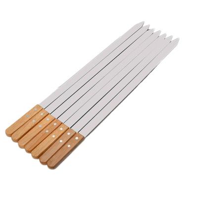 China Stainless Steel BBQ Skewerswith Non-slip Wooden Handle Easily Cleaned Flat BBQ Spits BBQ Sticks Reusable Metal Grilling Skewers for sale