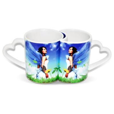 China Viable White Bone China 11oz Couple White Mug Sublimation Photo Mug For Love Shape Gifts for sale