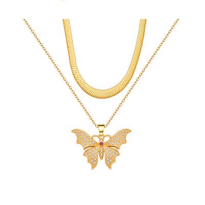 China BOHEMIA Cubic Zircon 18K Gold Plated Layer Chain Gold Customized Butterfly Necklace For Women for sale