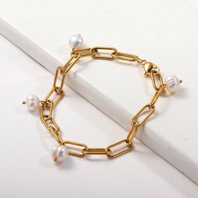 China Wholesale BAOYAN Flexible Stainless Steel 18K Gold Freshwater Pearl Bracelet for sale