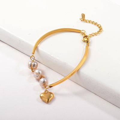 China BAOYAN Stainless Steel Flexible Wholesale 18K Gold Plated Freshwater Pearl Heart Bracelet for sale