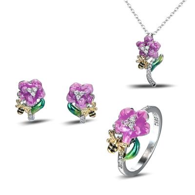 China Vintage Enamel Jewelry Set Purple Flower Bee Jewelry Silver Jewelry Sets for sale