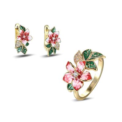 China Vintage Vintage 14K Gold Plated Jewelry Colorful Flower Enamel Jewelry Zirconia Jewelry Sets for sale