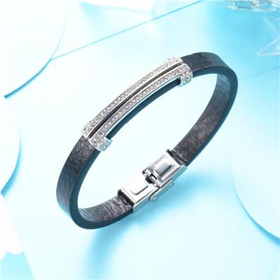 China Baoyan FASHIONABLE Luxury Black Leather Stainless Steel Silver Charm With Crystal Bracelet Men Bracelet for sale