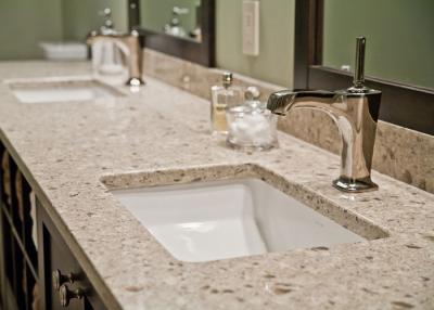 China Beige Bathroom Vanity Tops With Sink Natural Quartz Stone Double Sink Vanity Top for sale