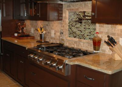 China Latest Design Engineered Granite Countertops Montary Brand Waterfall Eased Edge for sale