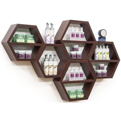 China Floorstanding Customized Hexagonal Wood Display Stand With Honeycomb 5 Set For Hexagonal Wall Shelves for sale