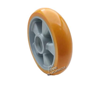 China Flat Free 8 Inch 200 Mm Single PU Wheel / Camber Aluminum Alloy Core High Strength POLYURETHANE Wheel / Orange Red Casters And Wheels for sale