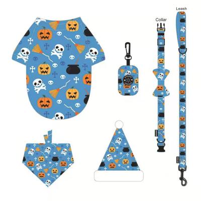 China Hot Sale Padded Pets Supplies Sublimation Printing Halloween Mischievous Dog Hat Poop Bag Leash Collar Set Pets Harness for sale