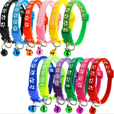 China Wholesale Multi Colors Stocked Paw Print Adjustable Nylon Pet Cat Dog Collar With Bell for sale