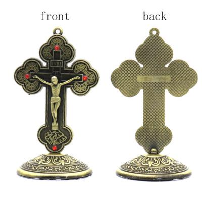 China Christ Jesus Decoration Metal Craft Home Desk Ornament Zinc Alloy Retro Cross Four Temples Religious Catholic Church for sale