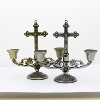 China Religious Activities Christian Jesus Italian Zinc Alloy Catholic St. Benedict Harvest Cross Church Worship Supplies Metal Candlestick for sale