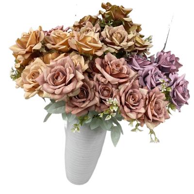 China Simulation Silk 9 Heads Multi Head Rose Bouquet Wedding Decoration Wedding Hall Flower Arrangement for sale