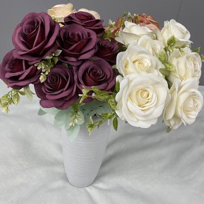 China Simulation Silk 9 Heads Multi Head Rose Bouquet Wedding Decoration Wedding Hall Flower Arrangement for sale