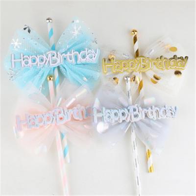 China Hot Selling Eco-friendly Disposable Paper Bow Straw Cake Topper INS Happy Birthday Cake Insert Decoration Ribbon for sale