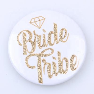 China Party Wedding Glitter Bride Glitter Alphabet Printing Pin Button Badge White Round Metal Badge for sale