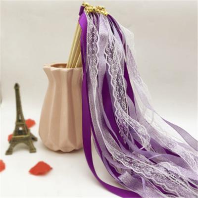 China Hot Selling Colorful Wedding Ribbon Stick Satin Ribbon Party Supplies Lace Wands Wands With Gold Bells Wedding Decoration for sale