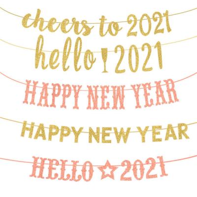 China New Year Hot Sale 2021 Happy New Years Party Christmas Glitter Paper Flag Decorative Banner for sale