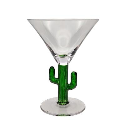 China New wholesale cheap green colored glass goblet classic/postmodern twisted glass special cactus wine goblet for sale