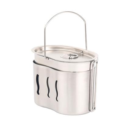 China Cookware 304 Stainless Steel Army Edition Canteen Outdoor Cup Lunch Box Wooden Camping Stove Set with Handle Hanging Pot for sale