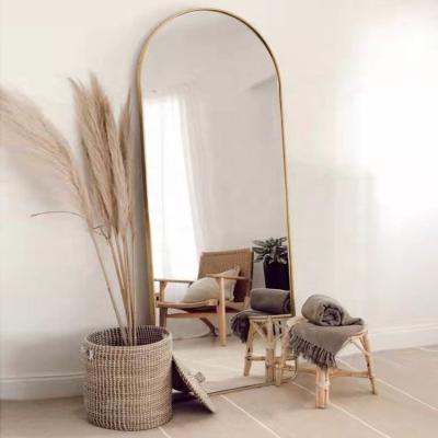 China Large Gold Minimalist Metal Framed Arch Floor Dressing Full Black Wall Hanging Mirror Espejos Decorativos for sale