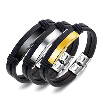 China Hot Hop Gold Hip Hop EVAN Amazon Stainless Steel Black Men's Double Layer Bracelet Leather Bangle Set for sale