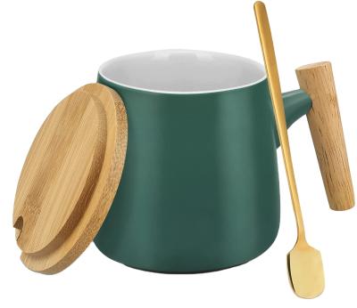 China Nordic Viable Porcelain Coffee Ceramic Mug With Wooden Handle Ceramic Mug With Lid And Spoon Bamboo Porcelain Mugs Ceramic Coffee for sale