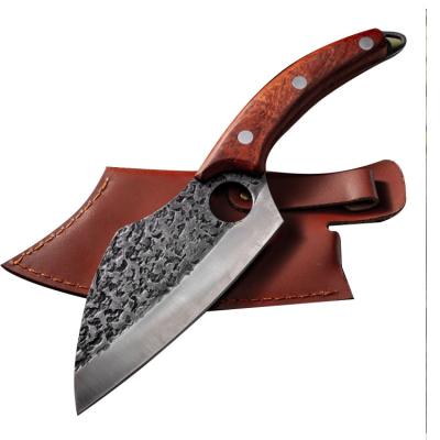 China Custom Made Viable 6 Inch Rosewood Handle Outdoor Forged Outdoor Multipurpose Cut Slicing Cutting Butcher Knife With Sheath for sale