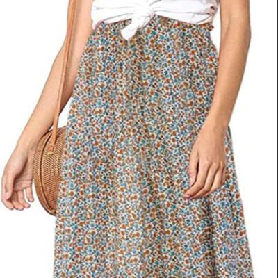 China Anti-Static Womens Boho Print High Elastic Waisted Pleated A-Line MIDI Skirt for sale