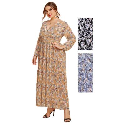 China New Fall 2022 Plus Size Dress Anti-Static Digital Printing V-Neck Pleated Long Sleeve Chiffon Skirt OEM/ODM Custom Dress For Fat Girls for sale